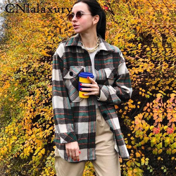 

vintage women 2020 long sleeve woolen coats fashion ladies thick plaid outerwear female streetwear elegant girls oversize jacket1, Black;brown