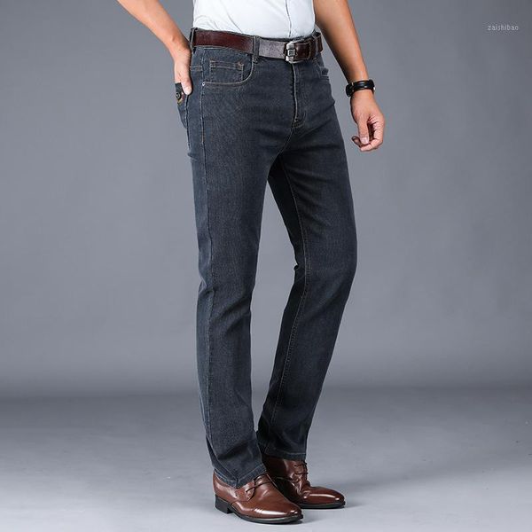 

stretch men's jeans casual large size black gray man fashion button zipper classic style high waist loose trousers1, Blue