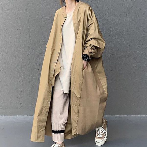 

korean solid long trench office fashion loose wear long sleeve ol commuter trench coat oversized female casual autumn overcoat t200908, Tan;black