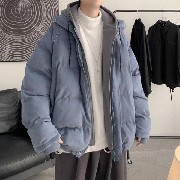 

winter jacket men's warm fashion casual fake two-piece reflective coat parka men wild loose korean short coat mens clothes m-xl1, Black