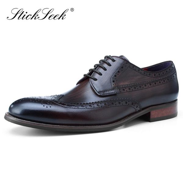 

vintage design genuine cow leather formal dress wingtip brogue shoes round toe derby men's banquet welted oxford footwear sk178, Black