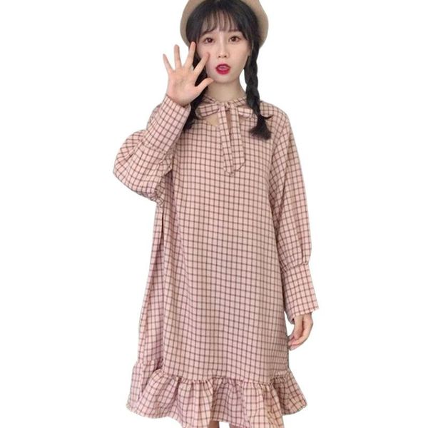 

casual dresses spring autumn korean style retro pastoral cute plaid long-sleeved mid-length dress ladies loose party, Black;gray