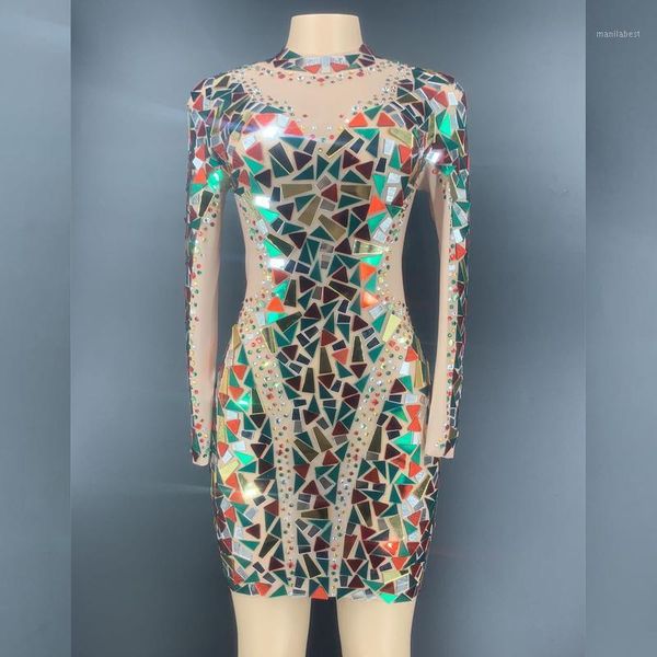 

2020 new multi-color sparkly rhinestones transparent mesh dress long sleeves birthday celebrate outfit dress women dance show1, Black;red