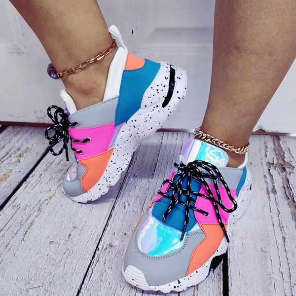 

women shoes leisure fashion chunky sneakers multicolor round head running sport light and comfortable big size flat casual shoes #oi6b, Black