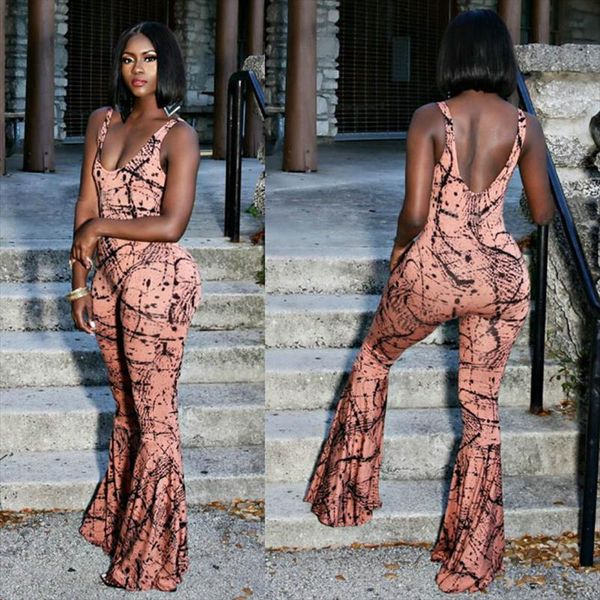 

fashion women ladies v neck print jumpsuit holiday strap romper summer playsuit beach backless sleeveless wide leg jumpsuit, Black;white