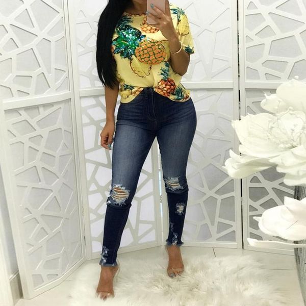 

woman jeans high waist 2020 new fashion women high waisted skinny elastic denim pants holes broken pencil jeans full 9.201, Blue