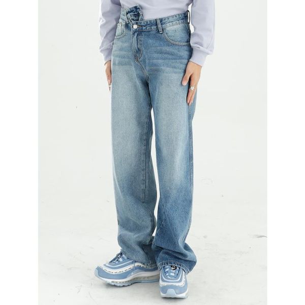 

men's jeans men asymmetry waist casual straight trousers male streetwear hip hop vintage washed denim pant, Blue