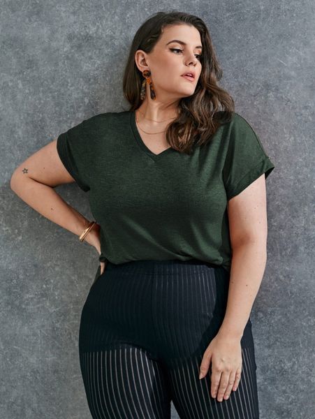 

plus batwing sleeve solid tee w0et#, Black