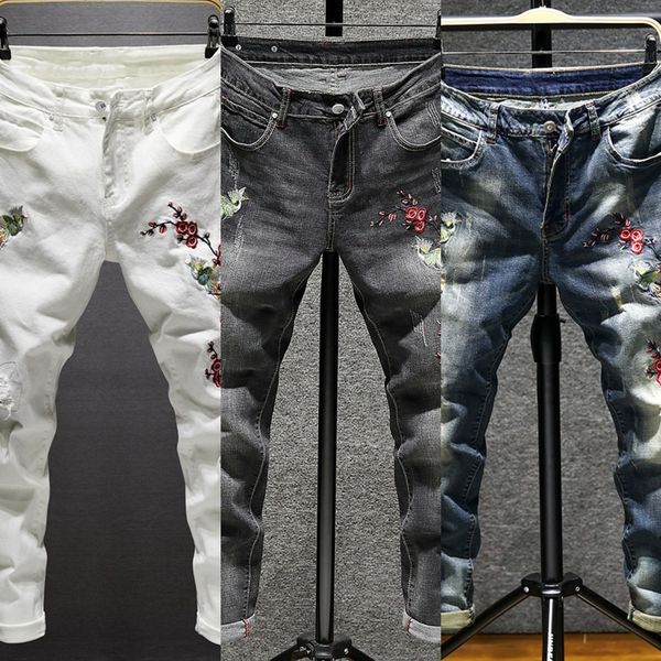 

81575 new and embroidered flower versatile in autumn winter jeans white jeansmen's style personality trendfashionable and jeans ragged, Blue