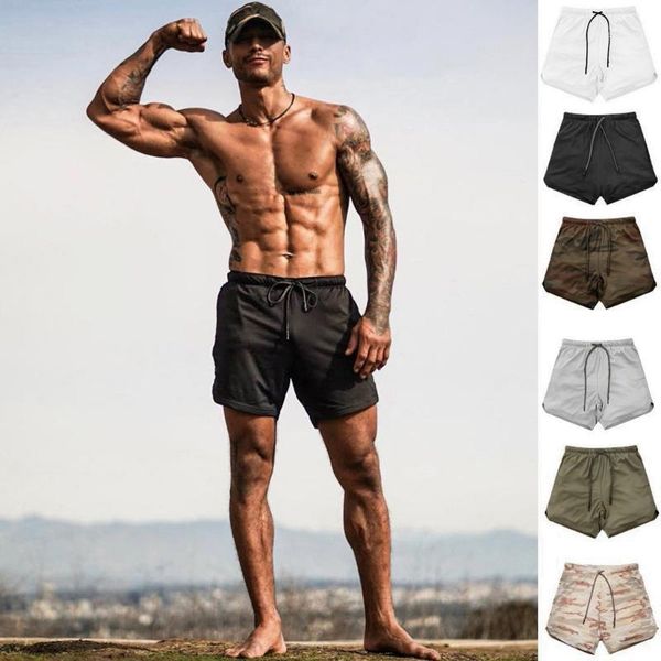 

men's 2 in 1 running shorts security solid color shorts quick drying sport built-in pockets hips hiden bermuda masculina1, White;black