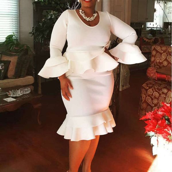 

2020 large women's winter autumn ruffle hem round neck one step skirt dress, Black;gray