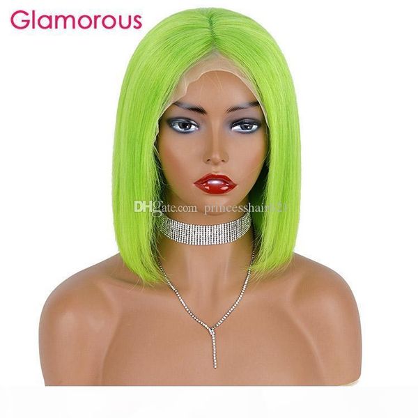 

150% density short bob hair silky straight human hair lace front wigs fluorescent green summer wigs, Black;brown