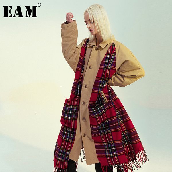 

eam] women plaid tasses both side wear big size trench new lapel long sleeve loose fit windbreaker fashion spring 2020 1m976 1031, Tan;black