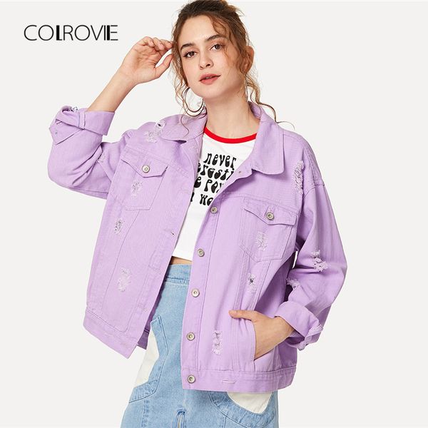 

colrovie ripped drop shoulder women denim jackets black white oversize purple casual female jacket coat chic jacket for girls 201023, Black;brown