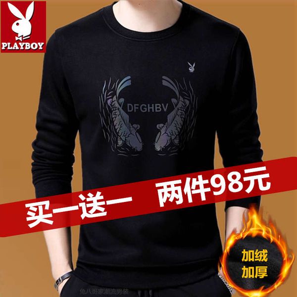 

8jhy6kplayboy sweater autumn winter long sleeve t-shirt with plush thickened men's round neck cotton bottomed shirt, Black