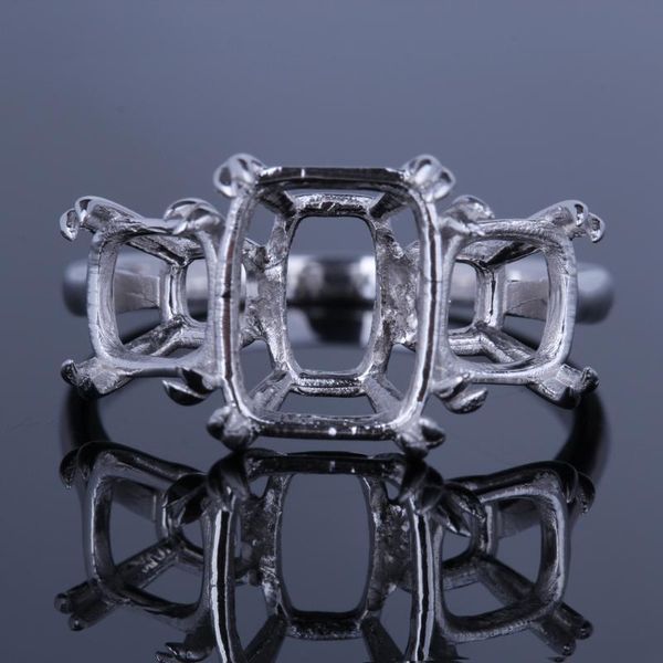 

helon solid 14k white gold women trendy fine jewelry three stone semi mount ring setting fi10x8mm emerald cut & cushion 6.5mm, Golden;silver