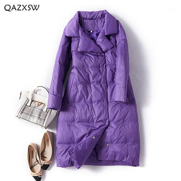 

qazxsw down jacket long over the knee women clothes 2018 winter new lapel slim thick white duck down warm casual outerwear ld1521, Black