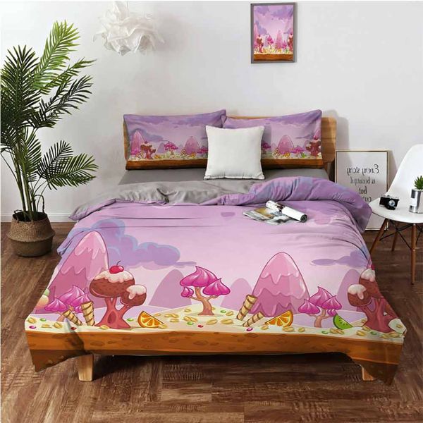 

cartoon sweet candy land cupcakes ice cream chocolate oranges mountains artwork printbedding 3-piece set