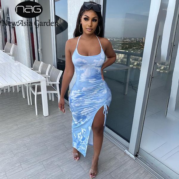 

newasia tie dye maxi dress women spaghetti straps halter backless dresses summer side split drawstring pleat beach dress1, Black;gray