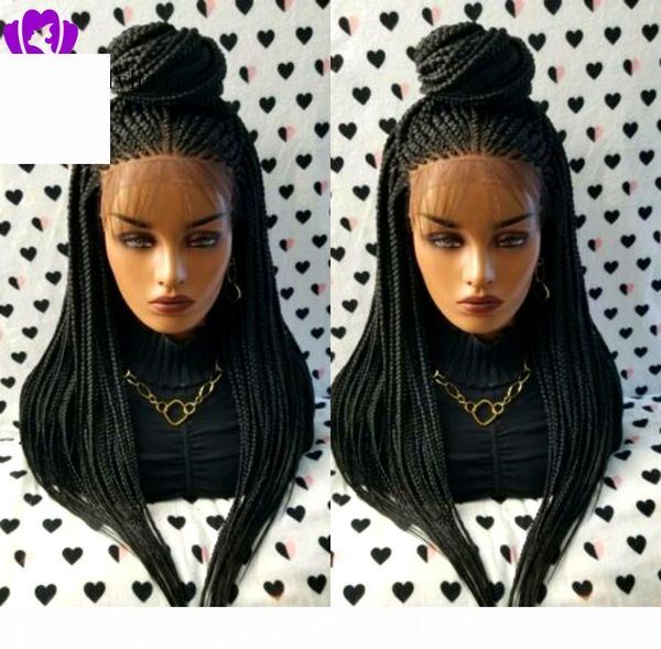 

elling black wig with baby hair box braided wig high tempeprature fiber glueless synthetic lace front wig long hair lace wigs, Black;brown