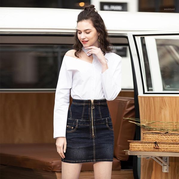 

audwhale high waist women's denim skirt summer casual straight zipper tube skirt women bandage jeans1, Black