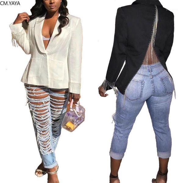 

2019 autumn winter women long sleeve tassel splicing notched v-neck blazers fashion vintage club design coats 2color gl91971, White;black