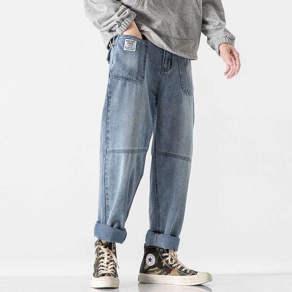 

2021 new autumn winter men's stretch blue jeans trendy hip hop streetwear straight denim trouers v1ie