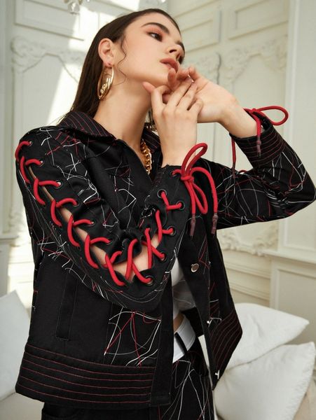 

x anne kyrsten graffiti print lace up jacket h84x#, Black;brown