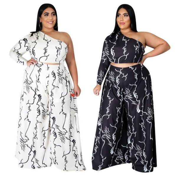 

2021 elegant women two piece set with irregular pattern print fashion off shoulder short +casual wide leg outfit, Gray
