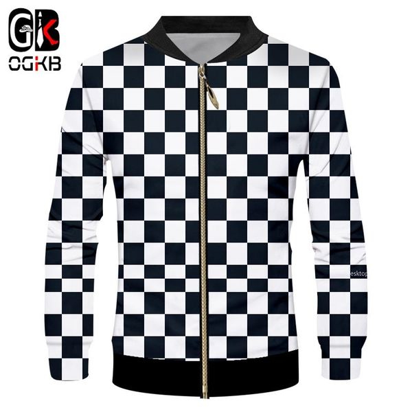

ogkb men's casual jacket long sleeve stand collar zipper jackets printed black white grid 3d coats man fit slim fitness overcoat, Black;brown