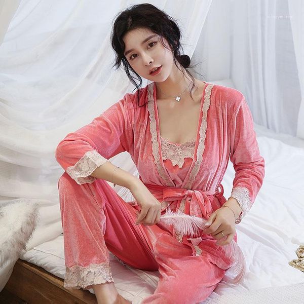 

women's sleepwear 3 piece women pajamas gold velvet sleep suit pyjamas lingerie pijama autumn winter pyjama femme1, Black;red