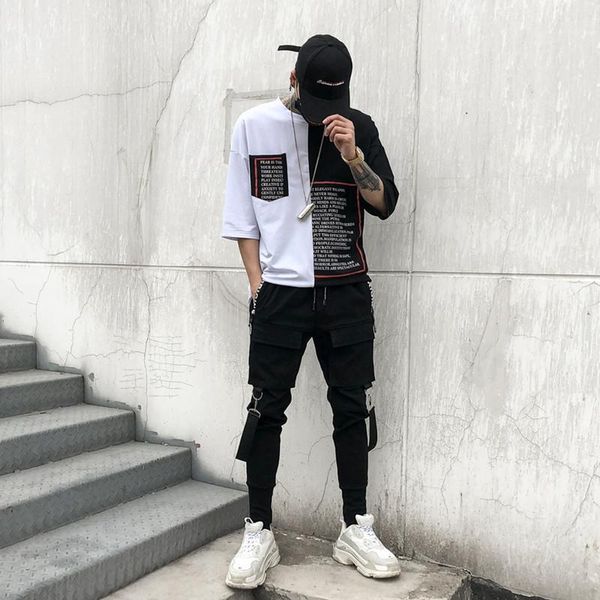 

men high street hip hop pencil pants multi-pocket punk casual trousers fashion harem pants elastic waist design streetwear1, Black
