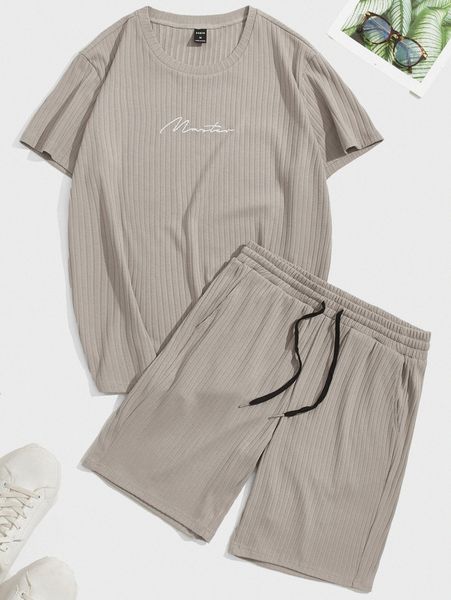

men letter embroidery tee & drawstring waist track shorts set e7lh#, Gray