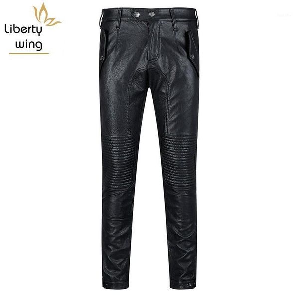 

autumn 2020 new korean fashion sheepskin leather mens pants straight slim biker long trouser streetwear pant man1, Black