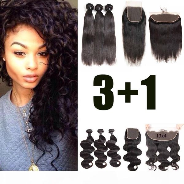 

9a brazilian virgin hair straight bundles with closure brazilian body wave human hair wefts with closure peruvian malaysian hair extensions, Black