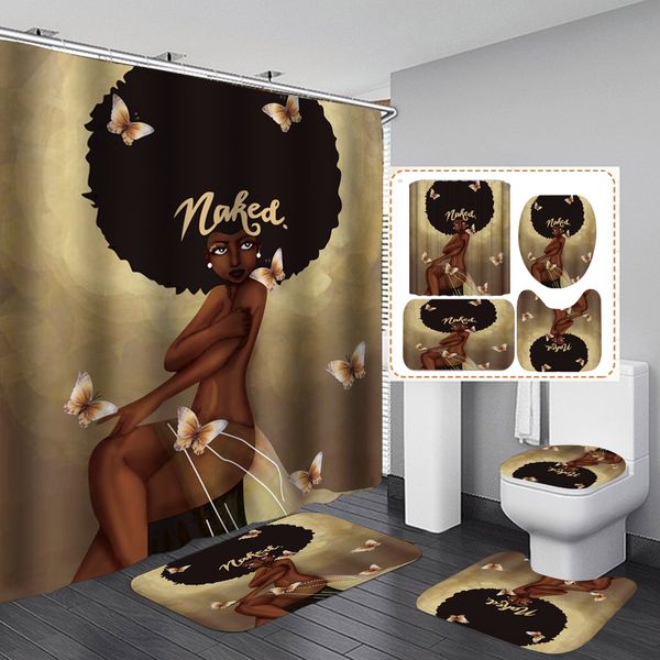 

african afro american lady women shower curtain set bathing girl bathroom non-slip mat rugs toilet lid cover home decor