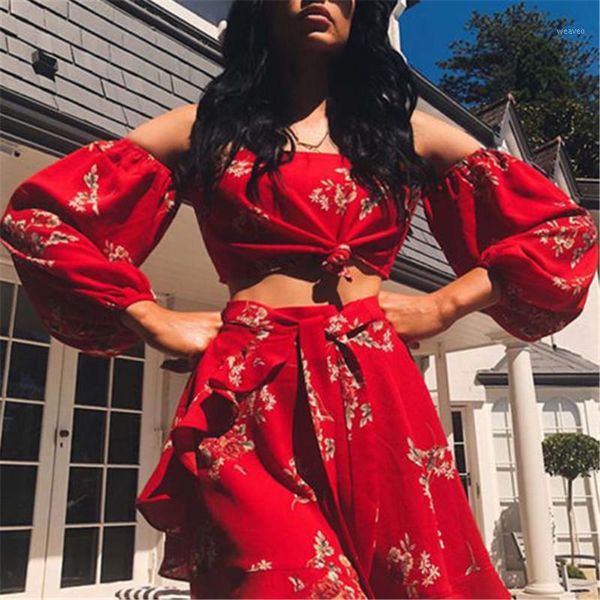 

women puff sleeves off-shoulder long sleeve crop lovely skirt female red floral print short mini dress1, Black;gray