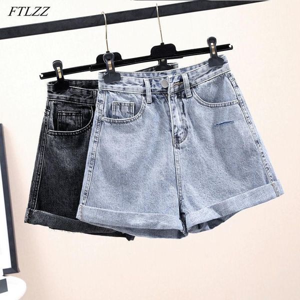 

ftlzz 2020 new summer high waist vintage women blue denim shorts casual female solid color streetwear wide leg jeans shorts1, White;black