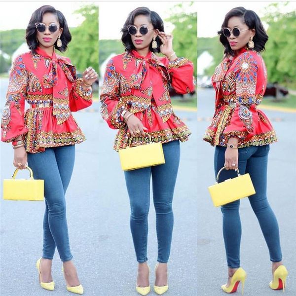 

baibazin african dashiki woman shirt long sleeve waist printed shirt tie knot1, Red