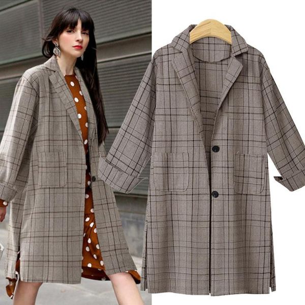 

fashion plaid loose casual trench coat for women turn-down collar single breasted ladies windbreaker pockets designer fall coat, Tan;black