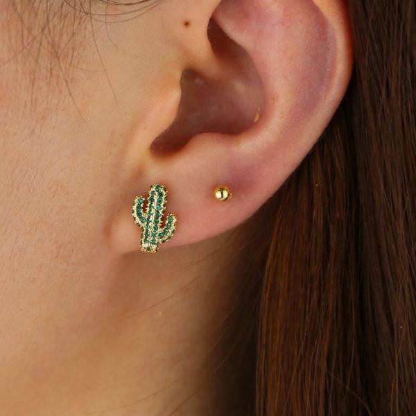 

stud wholesale cute colorful green cz paved earring with gold color plated cactus for girls party jewelry drop ship, Golden;silver