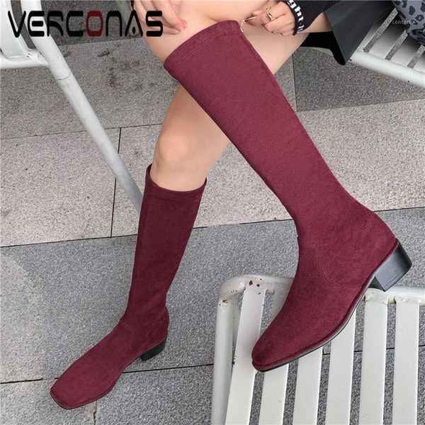 

verconas women autumn winter knee-high boots square toe thick heels shoes woman back zipper fashion concise kid suede long boots1, Black