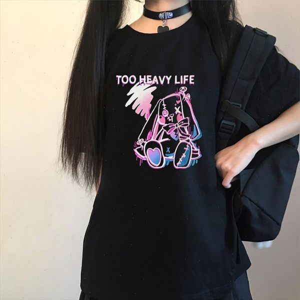 

punk gothic kawaii letter print too heavy life rabbit cartoon casual loose cute girls chic vintage summer women t shirt, White