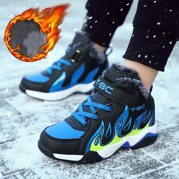 

winter boy running shoes super warm plus cotton child sneakers leather waterproof boots anti-slippery casual big kids footwear, Black