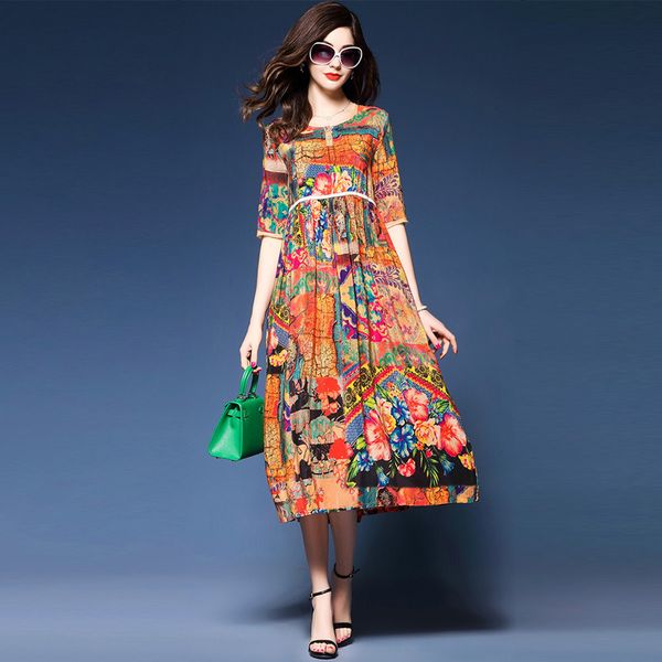 

2021 new new floral printing fashion casual summer dresses loose dressed in silk from the vintage of ethnic women wxf767 clothes i7ox, Black;gray