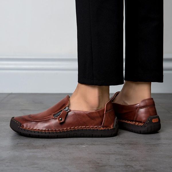 

rommedal spring autumn men casual shoes cow leather zip moccasins comfortable anti-slip outdoor driving loafers walking footwear, Black