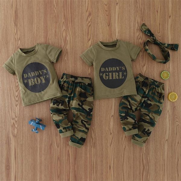 

summer clothes baby boy girl clothes short sleeve letter print army green + camouflage trousers 2pcs infant clothing y200803, White