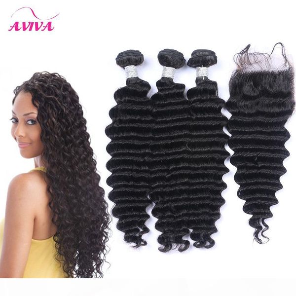 

brazilian deep wave curly virgin human hair waves 3 bundles with 1pc lace closure peruvian malaysian mongolian cambodian indian hair closure, Black