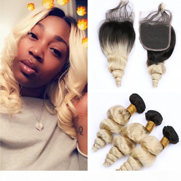 

blonde ombre loose wave peruvian virgin human hair 3bundles wefts with closure #1b 613 blonde ombre human hair weaves with 4x4 lace closure, Black
