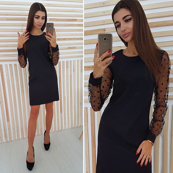 

long sleeve polka dot perspective mini for women round neck solid color 2020 spring autumn lace woman, Black;gray